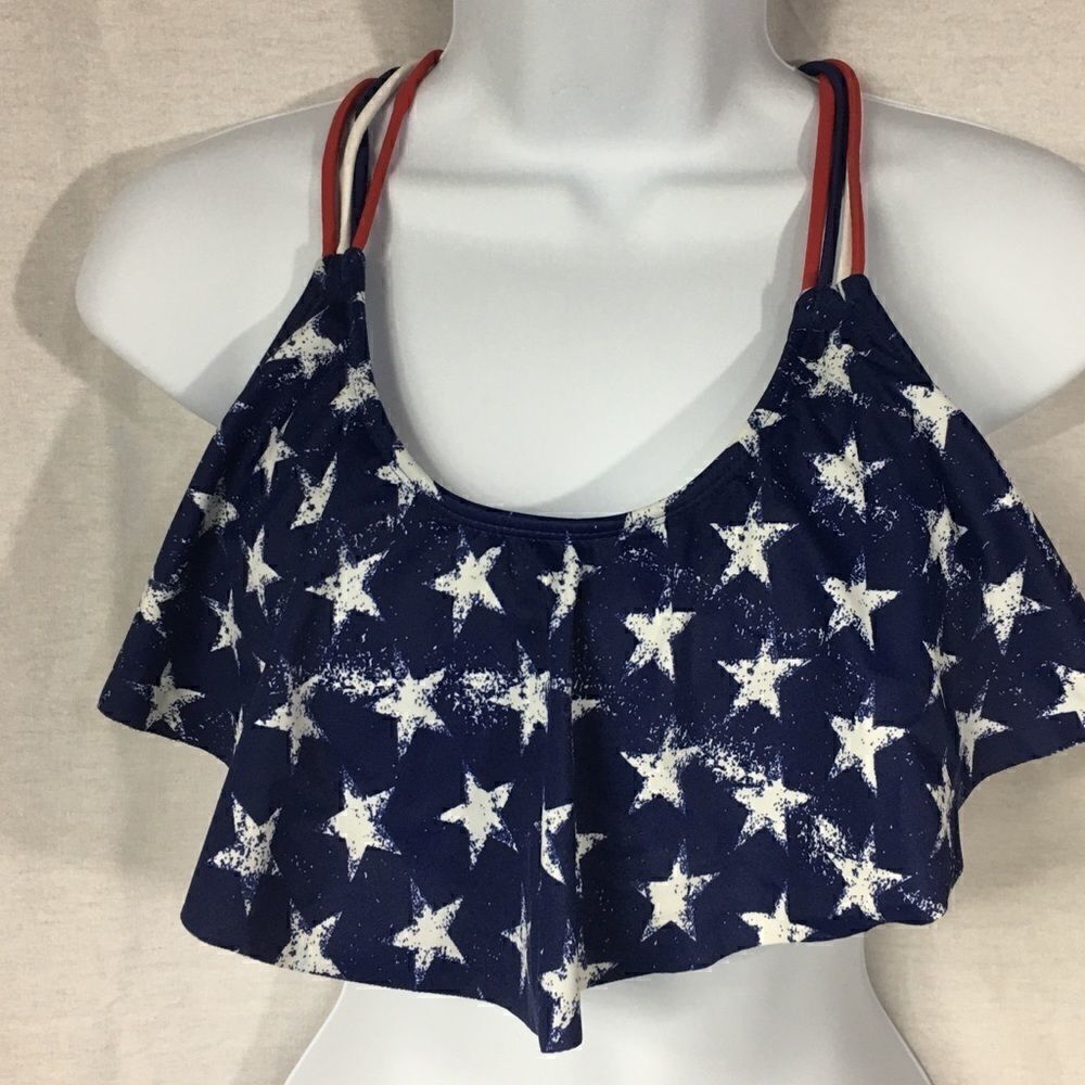 Red white blue bikini top ruffle front Small macrame back removable padding